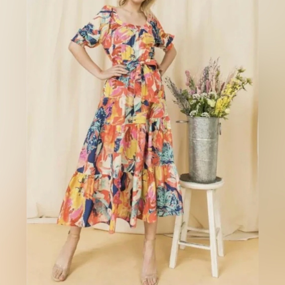 Flying Tomato Woman’s Printed Floral Midi Dress Colorful Retro Size S No Belt